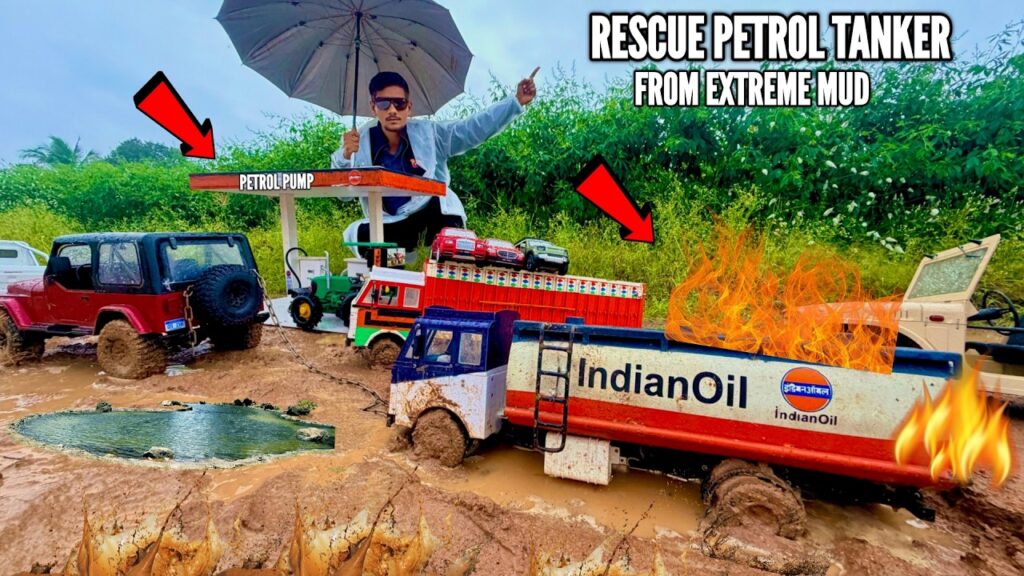 Rc petrol tanker stuck in mud rescue by defender car - chatpat toy tv