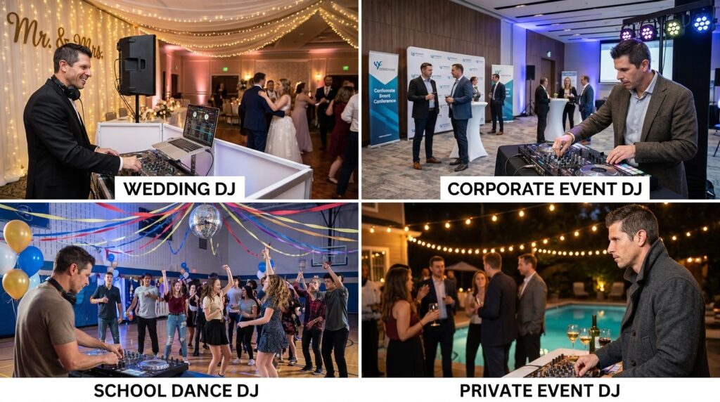 About 3 A collage style image of 4 different types of djs who will use djs4hire. Com