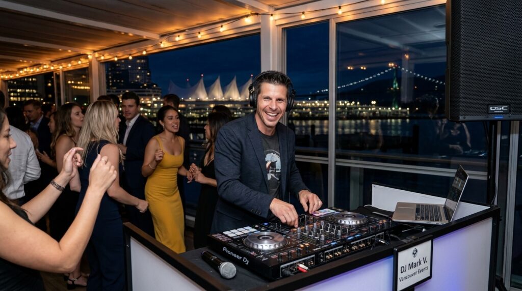 About 1 A dj performing at a corporate event with vancouver's downtown in the background