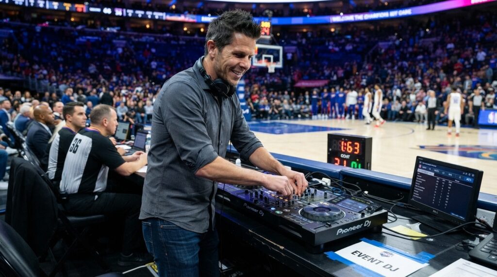 About 2 A man who is a professional dj, djing at a basketball game