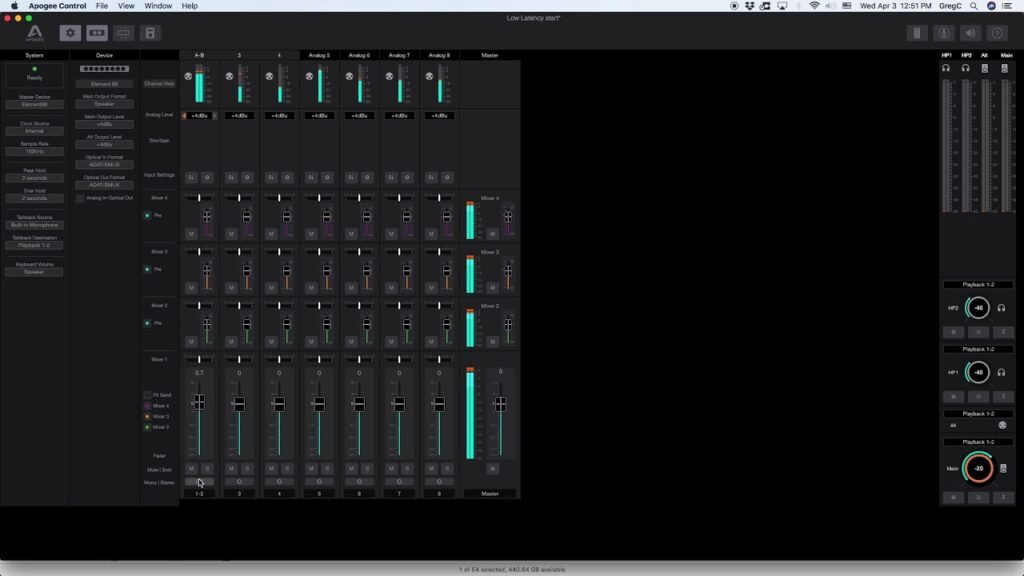 Support bench: basic use of the mixer functions in apogee control software